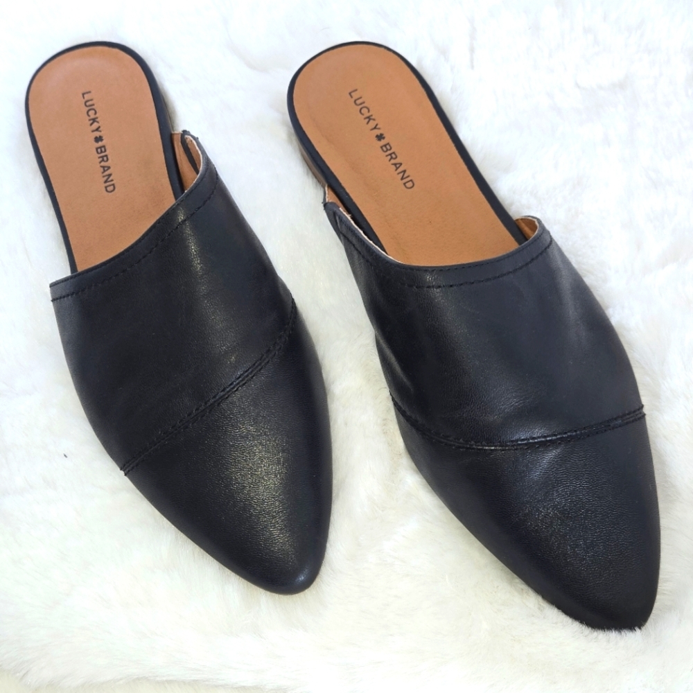 Lucky Brand Black Leather Pointed Toe Mules